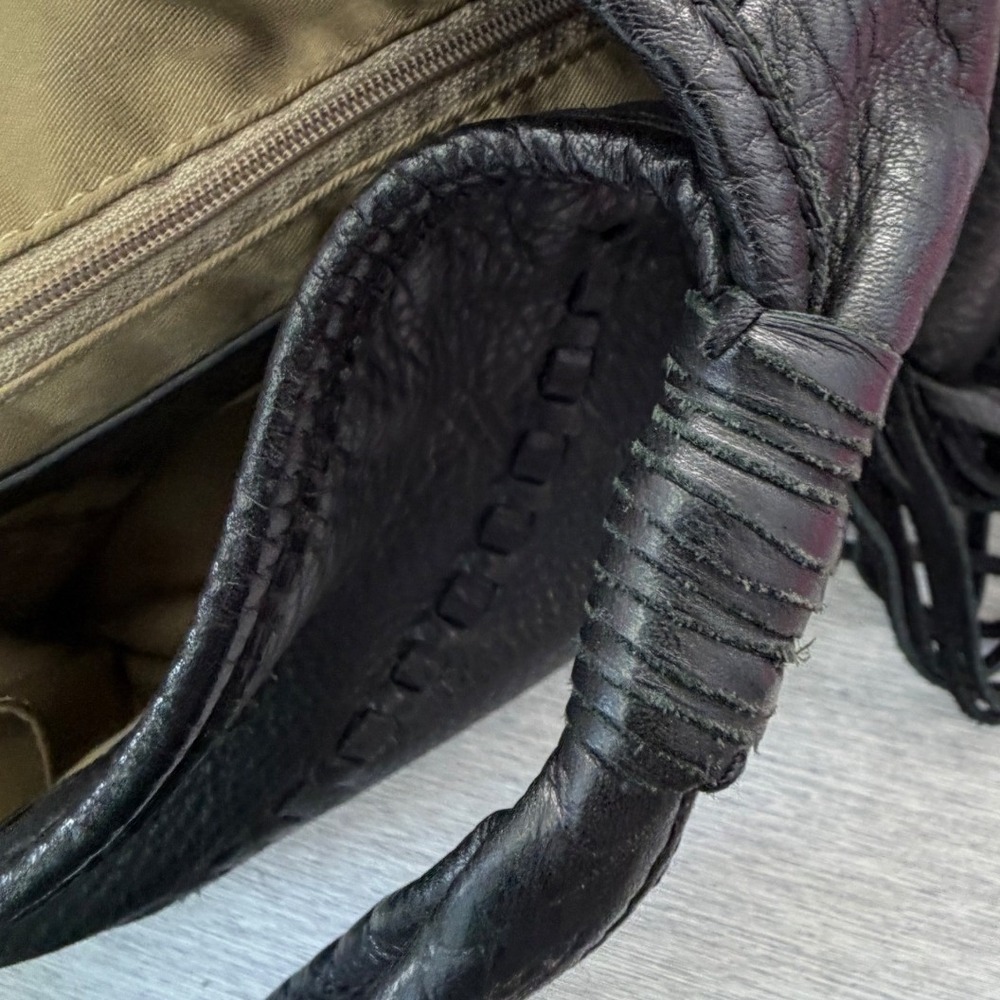 Margot Black Pebbled Genuine Leather Fringe Hobo Shoulder Bag Whipstitch Detail - Picture 6 of 6